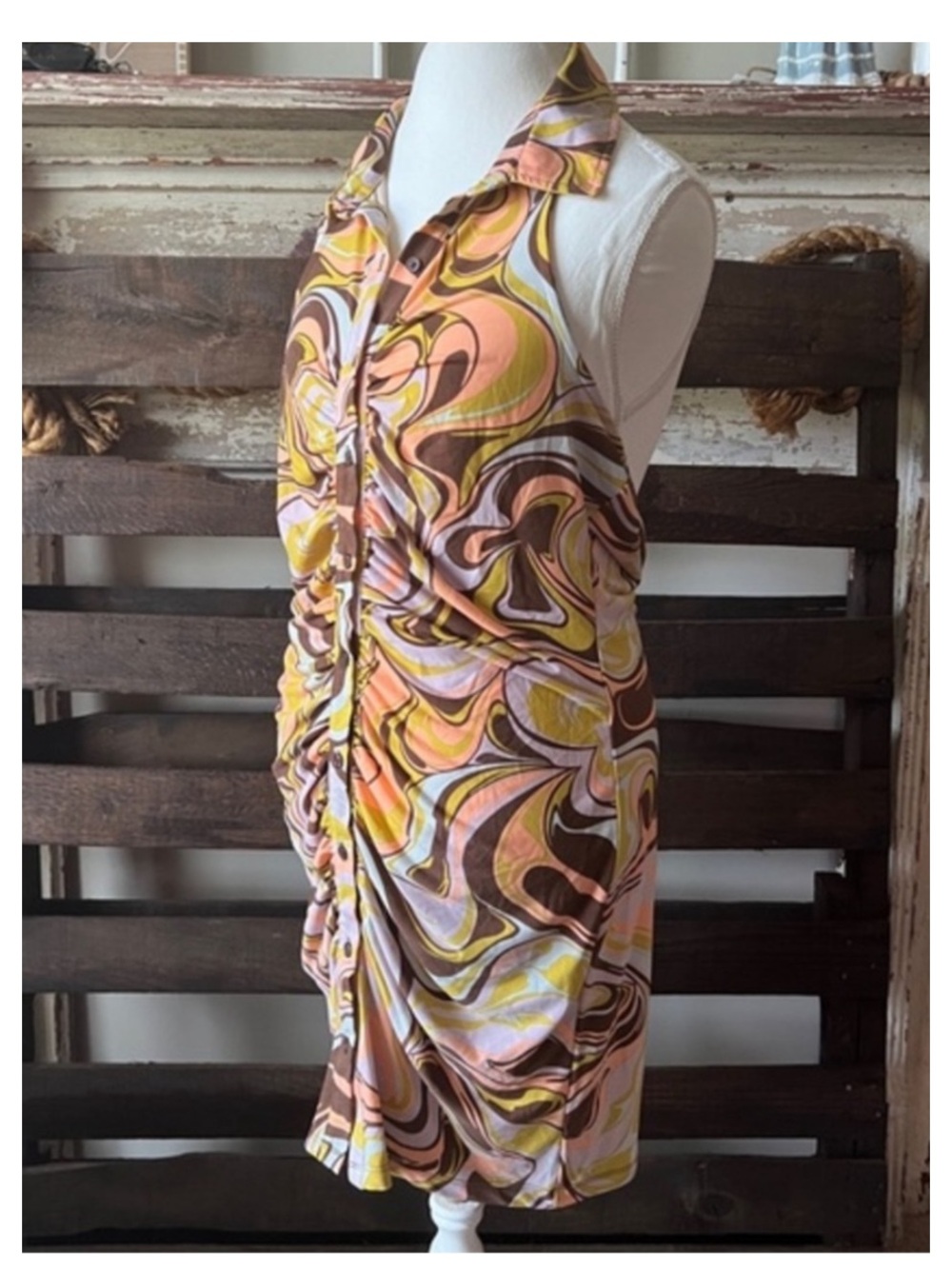 NWT RUE 21 Retro Halter Dress in Chartreuse/Peach Print XL